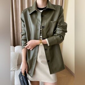 Designer Loose-Fit Eco PU Leather Shirt – Moss Green, Excellent Condition